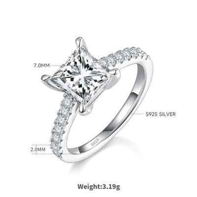 Micro Set Square Moissanite Women's Proposal Ring 2.0 Carat D-Class in S925 Silver 